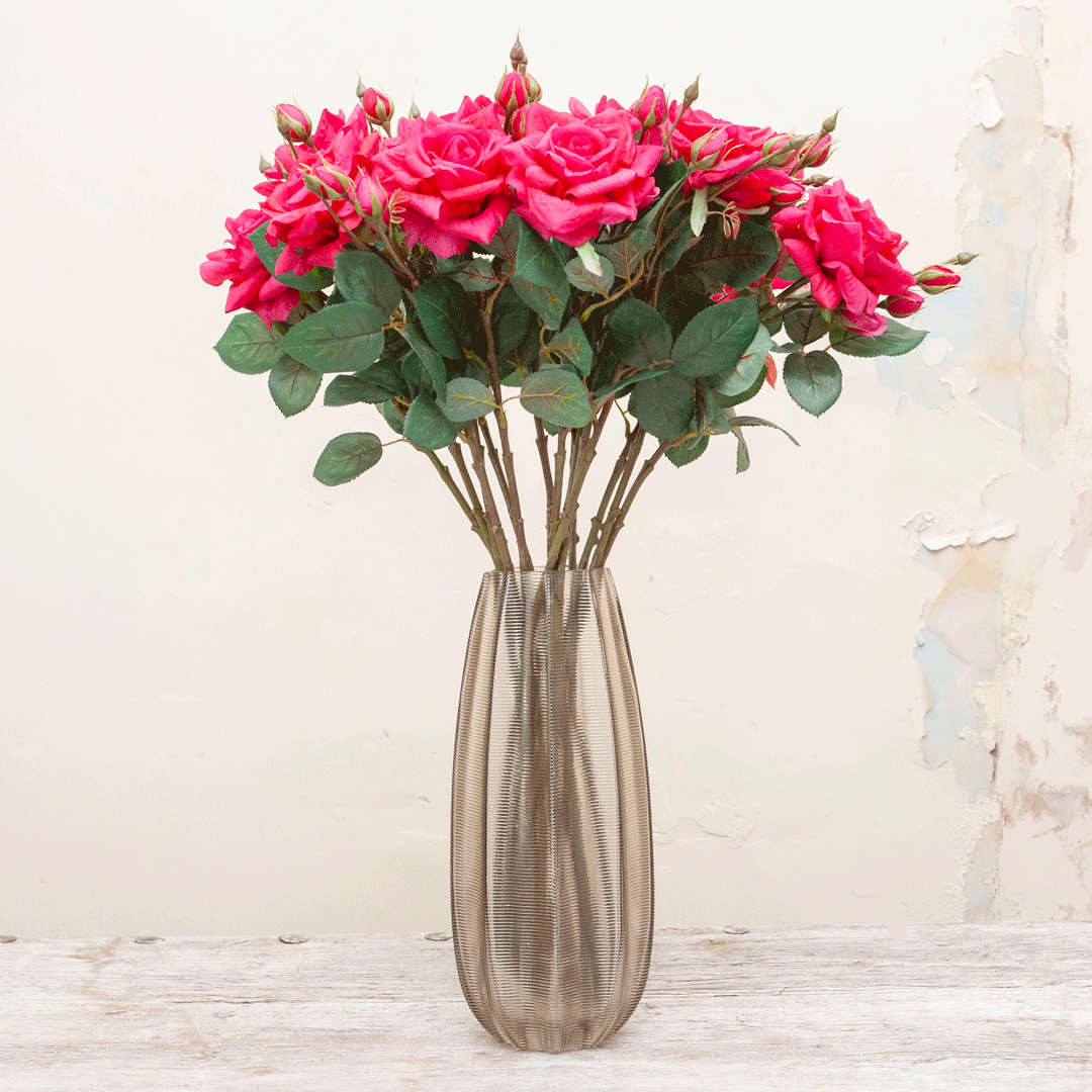 Real touch fuchsia rose with buds and leaves Peony