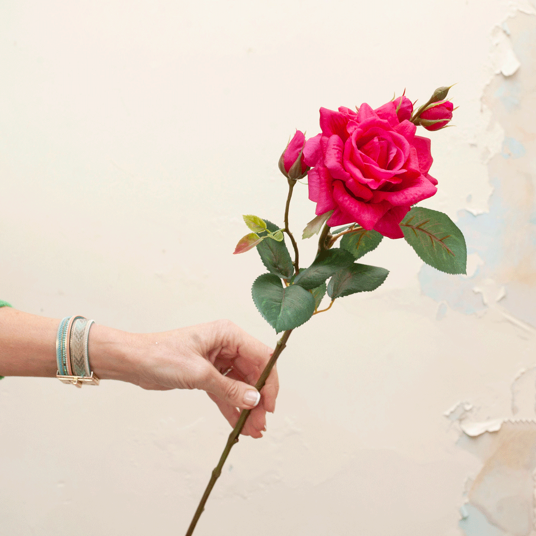 Real touch fuchsia rose with buds and leaves Peony