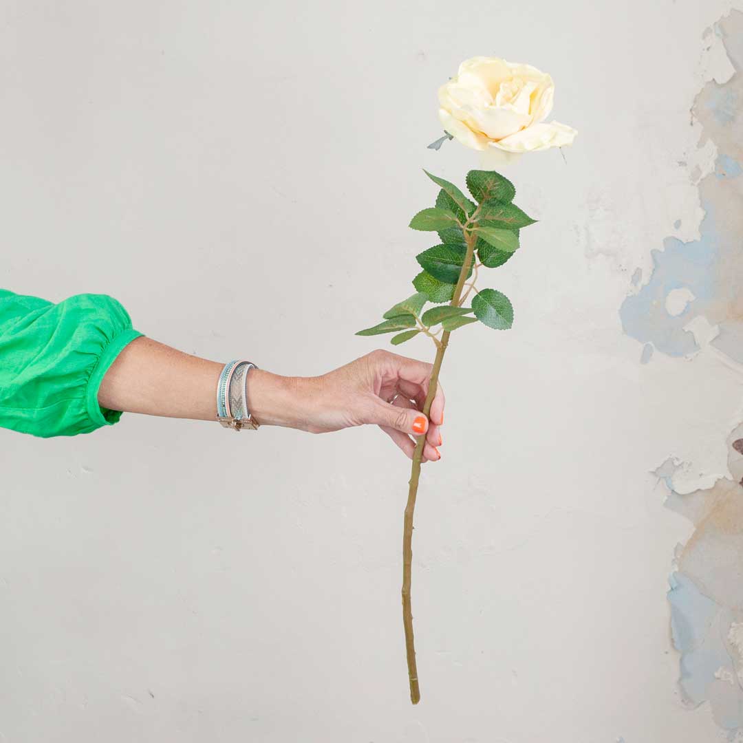 Yellow Real Touch Rose with Leaves on a Long Stem Peony
