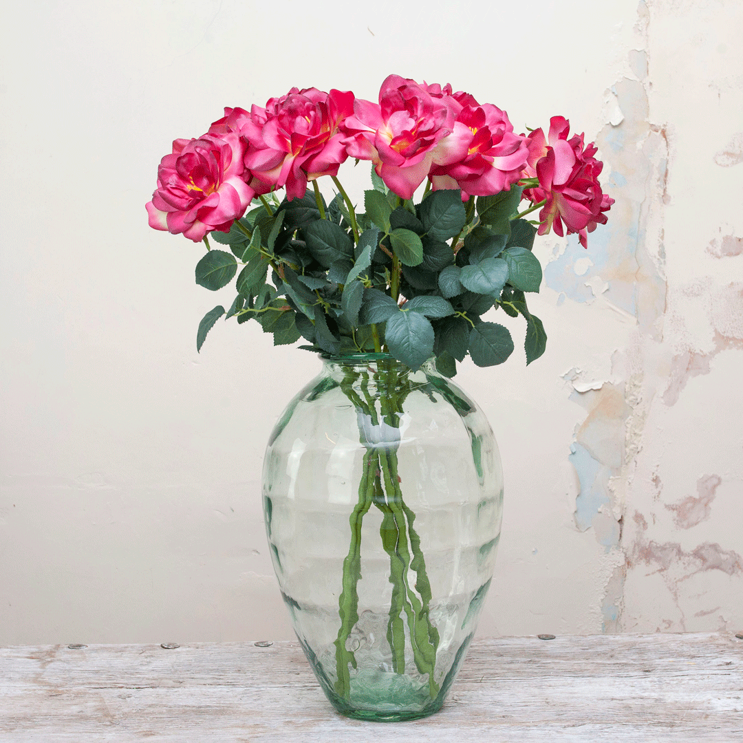 Real touch fuchsia rose stem with leaves Peony