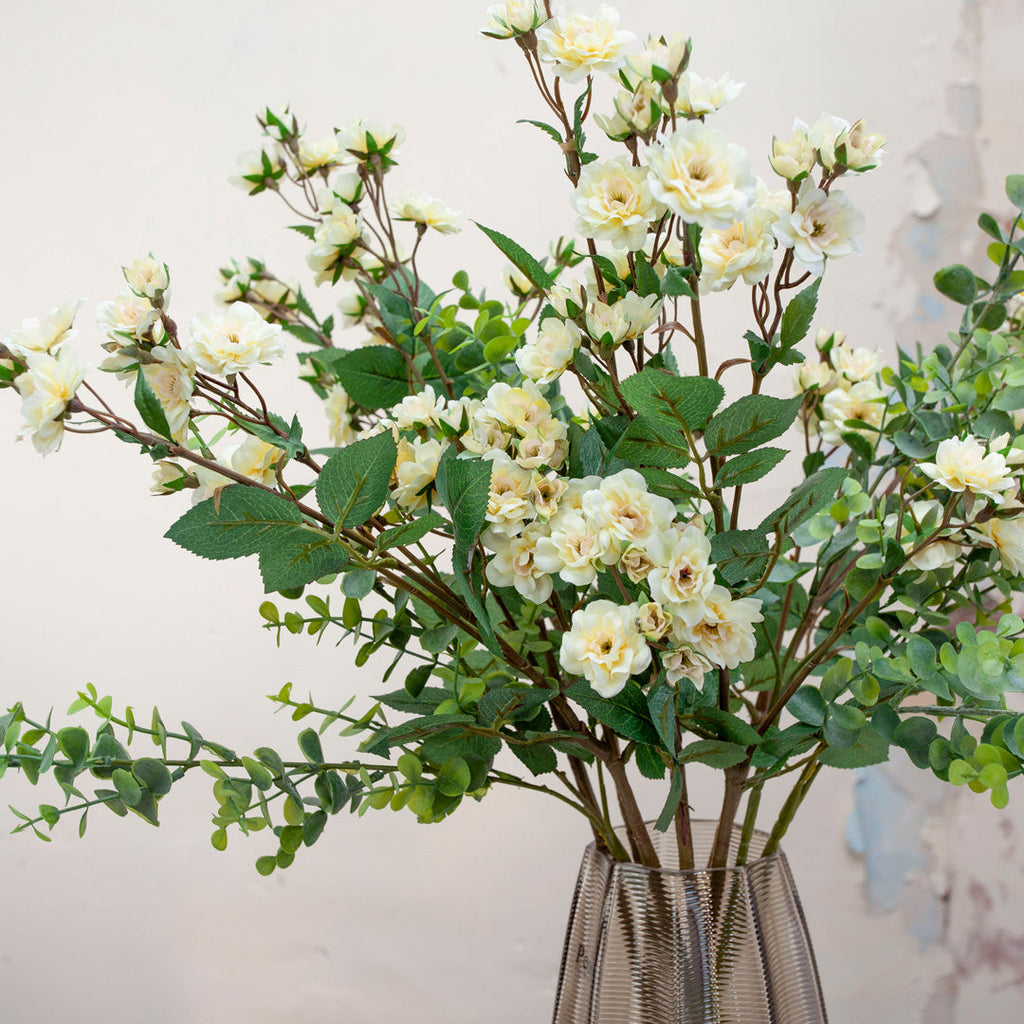 Artificial Climbing Roses and Eucalyptus in a Large Smoked Ridged Vase Peony