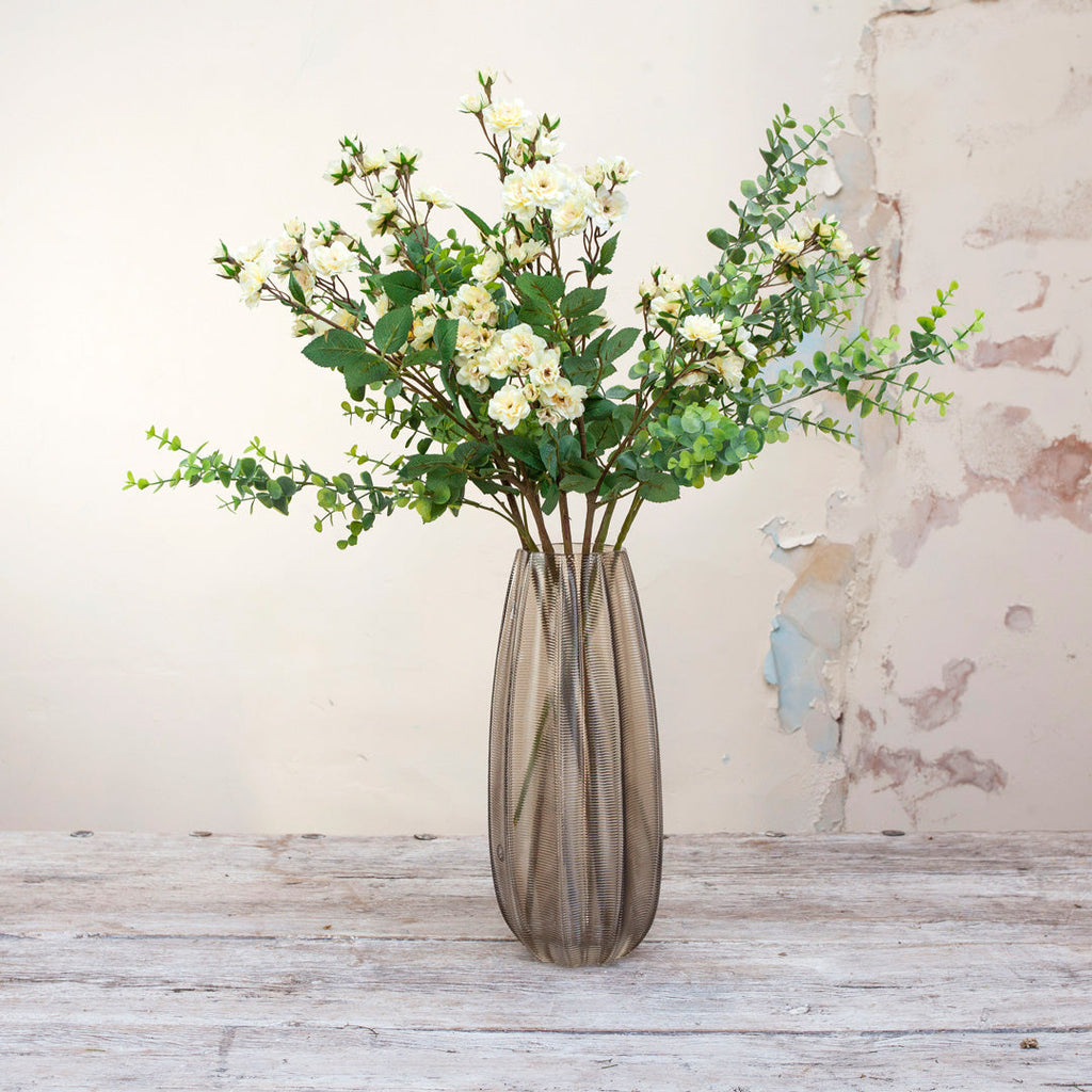 Artificial Climbing Roses and Eucalyptus in a Large Smoked Ridged Vase Peony