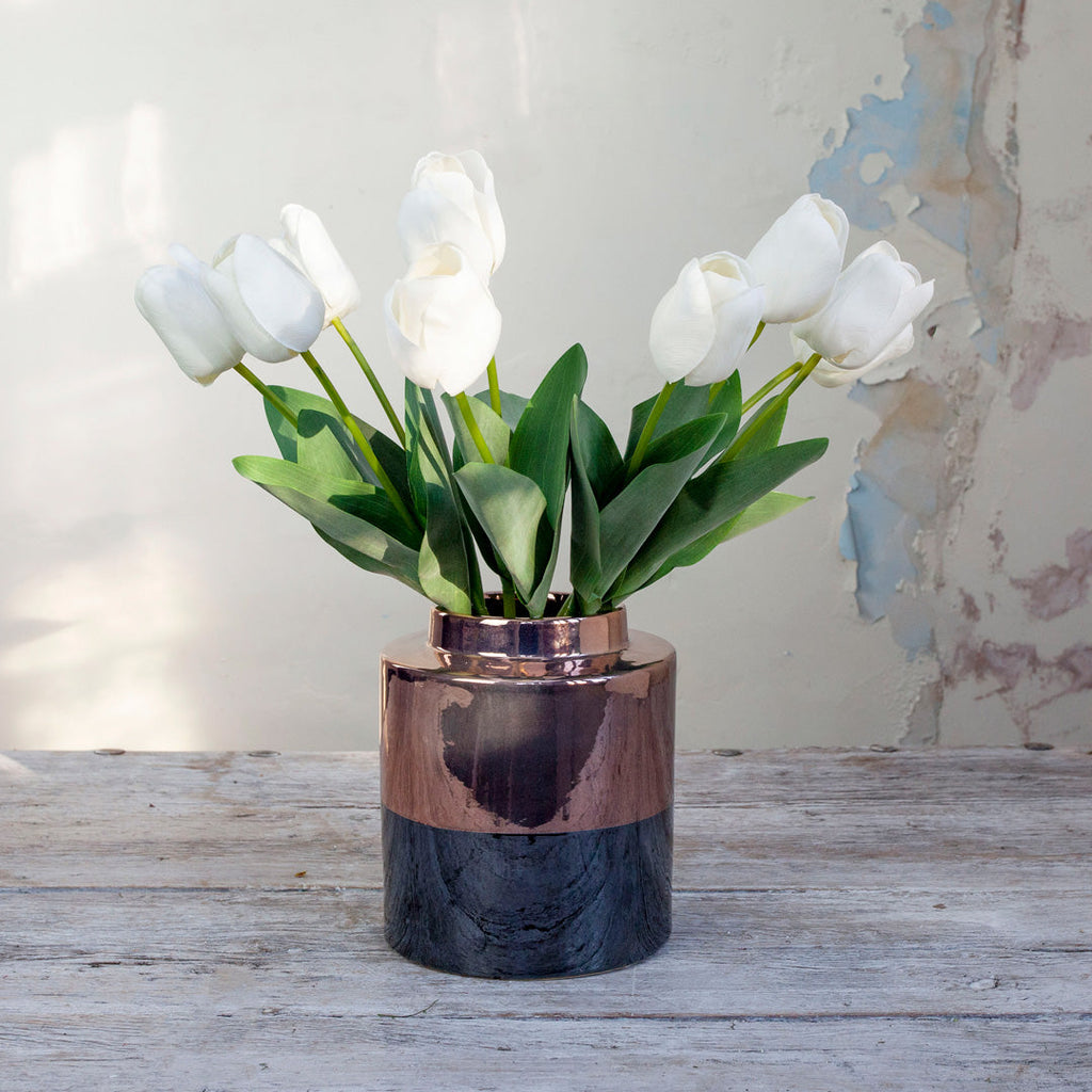 Artificial White Tulips in a Two Toned Ceramic Vase Peony