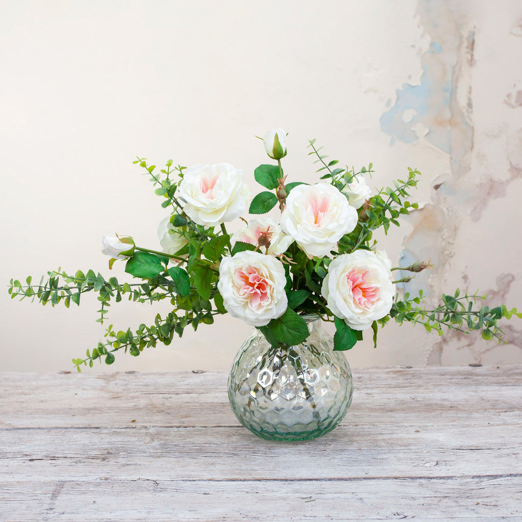 Artificial Old English Roses and Eucalyptus in a Small Coral Vase Peony