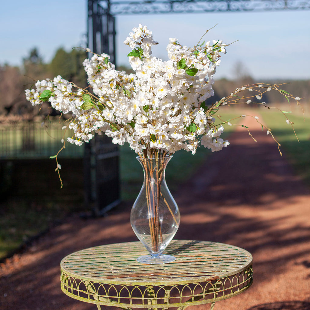 Artificial White Blossom and Pussy Willow in a Large Footed Hourglass Vase