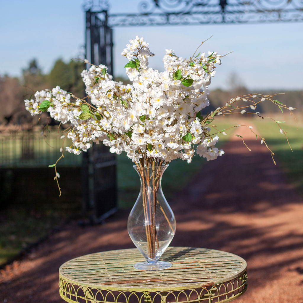 Artificial White Blossom and Pussy Willow in a Large Footed Hourglass Vase