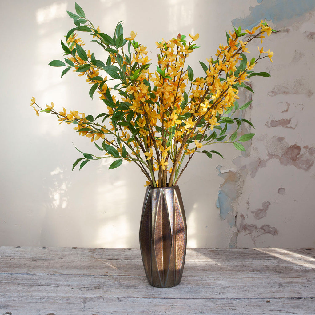 Artificial Forsythia and Greenery in a Tall Two Toned Ceramic Vessel Peony